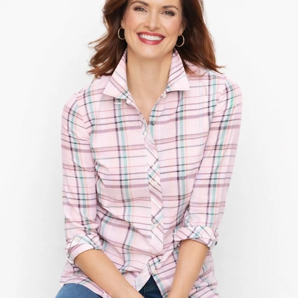 Talbots Petite Womens Pink Plaid Cotton Long Sleeve Button Up Shirt Size MP